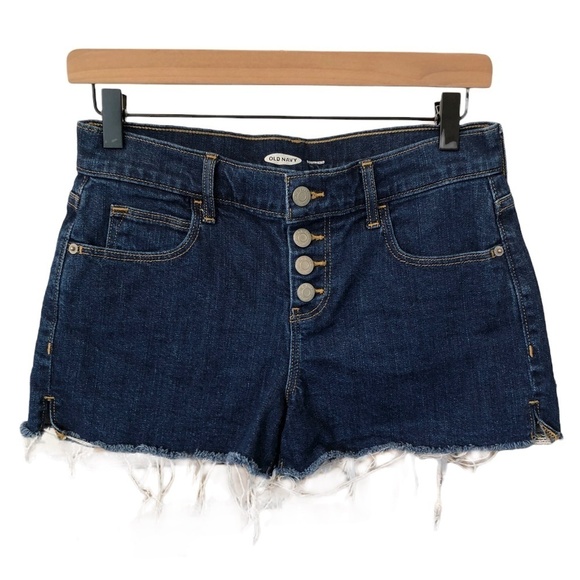 NWOT Old Navy Boyfriend Button Fly Shorts Raw Frayed Hem Dark Wash Denim Cutoff - Picture 1 of 8